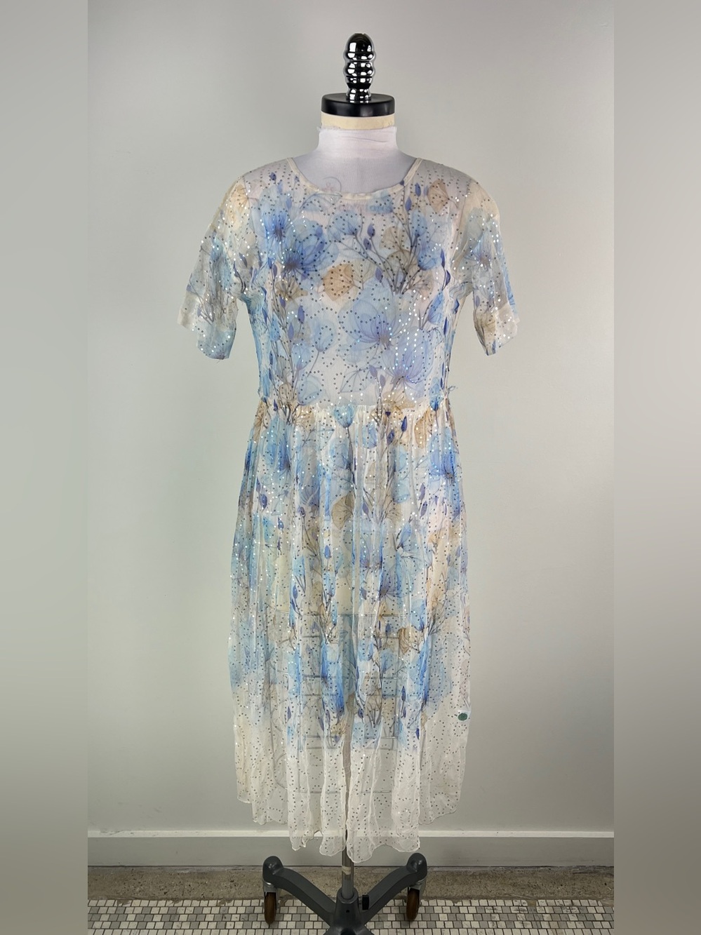 💚 3561. Blue Floral Overlay Mesh Sequins Midi Dress